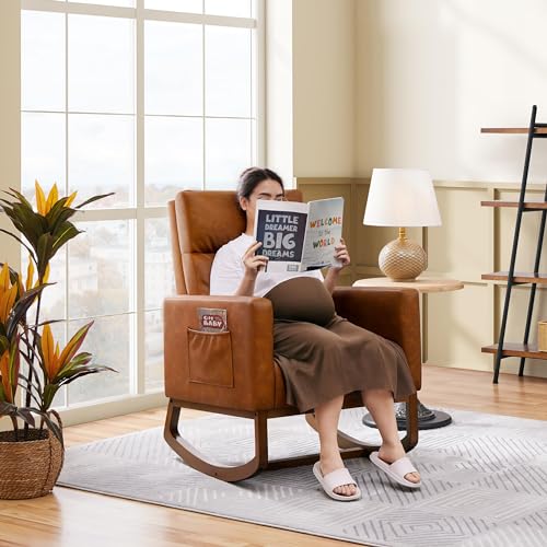 Yaheetech Leather Living Room Chair, Rocking Accent Chair, Modern Nursery Glider Chair with High Back and Side Pocket, Accent Rocker Armchair with Wood Legs for Living Room Bedroom Study, Brown