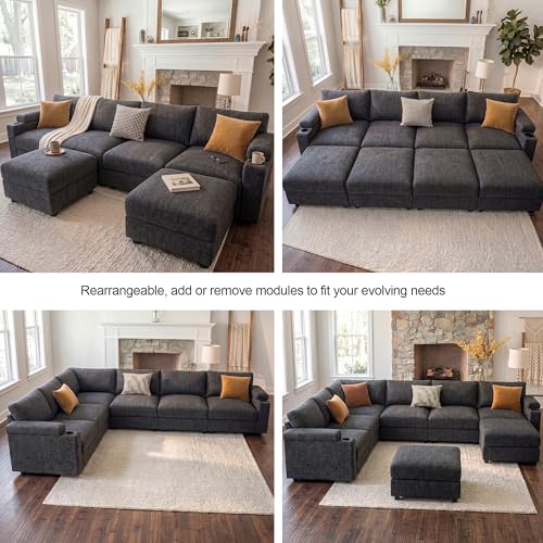 Sectional Couches for Living Room FSC Certified Chenille Modular Couch Oversized Cloud U Shaped Convertible Sleeper Sofa Chaise Detachable Armrest Cushion (Chenille Grey, L Shape 6 Seat)