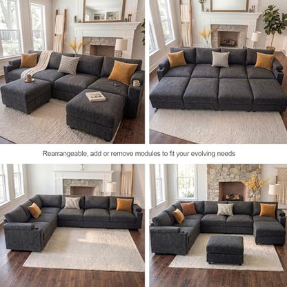 Sectional Couches for Living Room FSC Certified Chenille Modular Couch Oversized Cloud U Shaped Convertible Sleeper Sofa Chaise Detachable Armrest Cushion (Chenille Grey, L Shape 6 Seat)