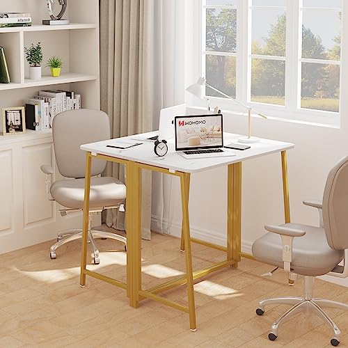 White Faux Marble Folding Desk, 31.5" Small Desk for Small Spaces with Gold Legs, Easy Assemble Foldable Computer Desk, Mini Portable Working Table for Home Office, White and Gold