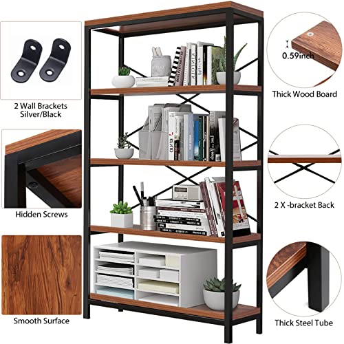 Industrial Bookshelf 5-Tier, Bookcase 58" H Ladder Shelf, Storage Shelves Rack Shelf Unit, Accent Furniture Metal Frame, Home Office Furniture for Bathroom, Living Room, Vintage Brown