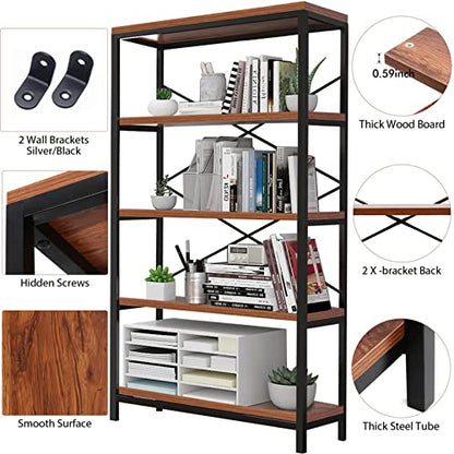 Industrial Bookshelf 5-Tier, Bookcase 58" H Ladder Shelf, Storage Shelves Rack Shelf Unit, Accent Furniture Metal Frame, Home Office Furniture for Bathroom, Living Room, Vintage Brown