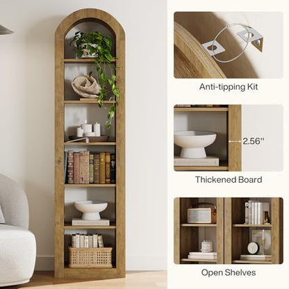74.8" Tall Arched Bookshelf, 6-Tier Narrow Open Bookcase, view 7