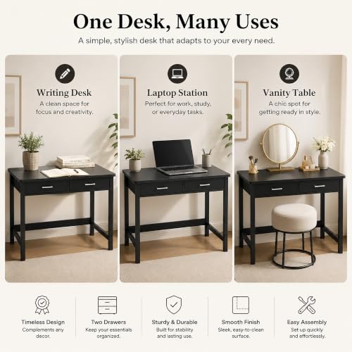 39.4" Small Desk with Wood Drawers, Home Office Computer Desk with Wooden Legs, view 7