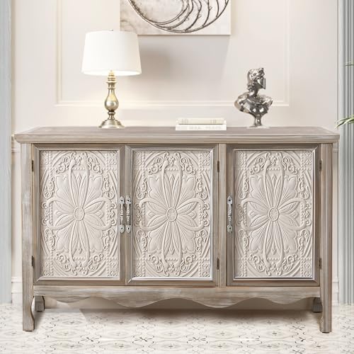 Farmhouse Sideboard Buffet Cabinet with Storage, 49" Solid Wood Credenza Buffet Table Coffee Bar Wine Bar Storage Cabinet with 3 Doors for Dining Room Living Room Hallway, (Provence Gray)