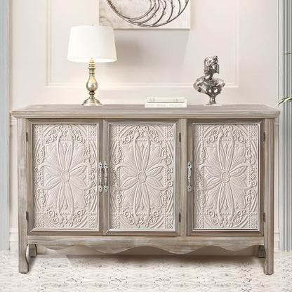 Farmhouse Sideboard Buffet Cabinet with Storage, 49" Solid Wood Credenza Buffet Table Coffee Bar Wine Bar Storage Cabinet with 3 Doors for Dining Room Living Room Hallway, (Provence Gray)