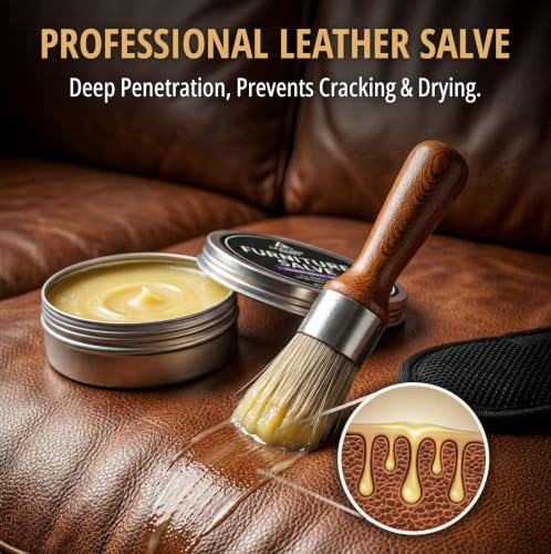 3-in-1 Furniture Salve for Leather & Wood – Polisher, Conditioner, & Restorer for Couches and Furniture- Leather Repair Salve with Brush & Buffing Pad- 5oz