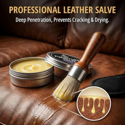 3-in-1 Furniture Salve for Leather & Wood – Polisher, Conditioner, & Restorer for Couches and Furniture- Leather Repair Salve with Brush & Buffing Pad- 5oz