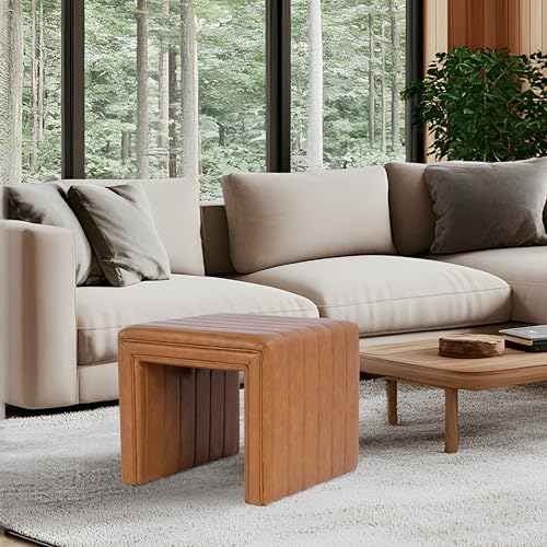 19" Modern Channel Tufted Ottoman - Carmel Brown Faux Leather