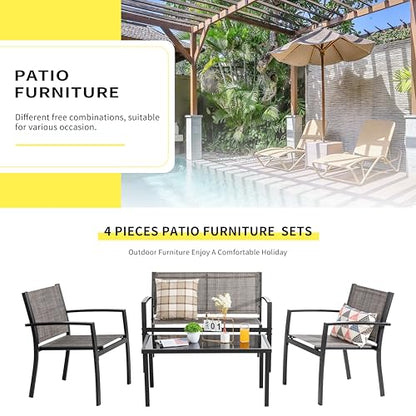 4 Pieces Patio Furniture Set All Weather Textile Fabric Outdoor Conversation Set, with Glass Coffee Table, Loveseat, 2 Single Chairs for Home, Garden, Lawn, Porch（Light Brown）