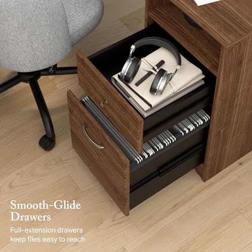 Cabot 60W L Shaped Computer Desk with Storage in Modern Walnut, 60-inch Corner Table with Drawers for Home Office Workspace