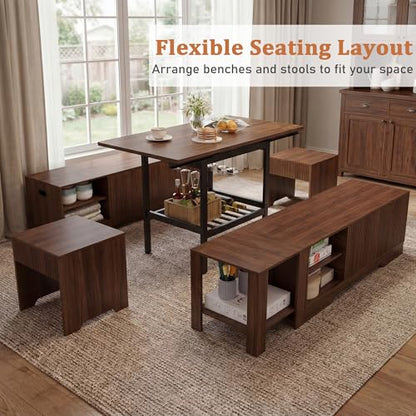 Extendable 6-Piece Breakfast Nook Set with Storage Benches & Stools, Corner Dining Table Set with Wine Glass Holder, Space-Saving Kitchen Table for Indoor/Outdoor Use (Walnut)