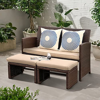 Outdoor Loveseat 3 Piece Patio Furniture Set Outdoor Conversation Set All-Weather Wicker Love Seat with Ottoman/Side Table, Brown Rattan, Beige