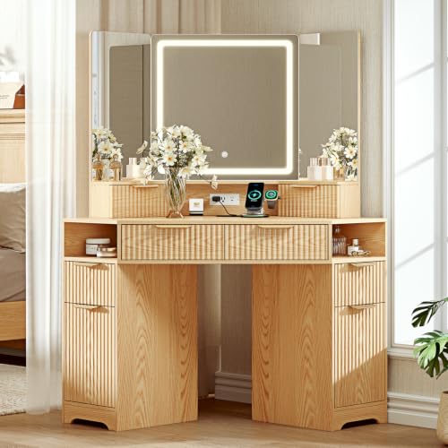 Corner Makeup Vanity Desk with 3 Way Mirror and Lights, view 2