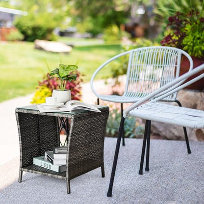 Rattan Outdoor Side Table with Glass Top & Storage Shelf | Small end coffee table, versatile outdoor furniture for patio, porch, backyard and balcony