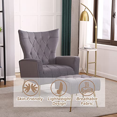 Accent Chair with Ottoman, Comfy Wingback Chair and Ottoman Set, Upholstered Tufted Lounge Armchair with Footrest and High Back, Reading Chair for Bedroom Living Room, Grey, Velvet