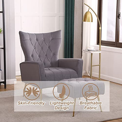 Accent Chair with Ottoman, Comfy Wingback Chair and Ottoman Set, Upholstered Tufted Lounge Armchair with Footrest and High Back, Reading Chair for Bedroom Living Room, Grey, Velvet