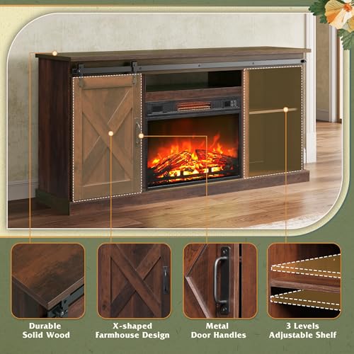 Farmhouse Fireplace TV Stand for TVs Up to 65", Sliding Barn Doors, view 7