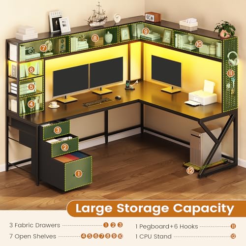 L Shaped Gaming Desk with Storage Shelves, Hutch, Drawers, view 6