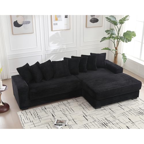 111 Inch Corduroy Sectional Couches for Living Room | L-Shaped Sectional Couch with 8 Pillows | Cloud Couch with Deep Seat | Solid Wood Frame Sofa Black (Right Facing Chaise)