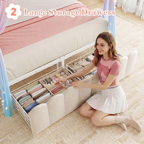 Full Canopy Bed Frame with 2 Drawers and LED & Charging,White, view 4
