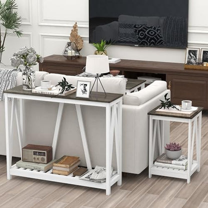 Farmhouse Console Table with Shelf, 39.3" Narrow Entryway Table, Dark Oak | Farmhouse Style Grey Oak Top White V‑Shape Frame Slat Shelf Storage 39.3" Narrow Anti‑Tip Legs sofa table