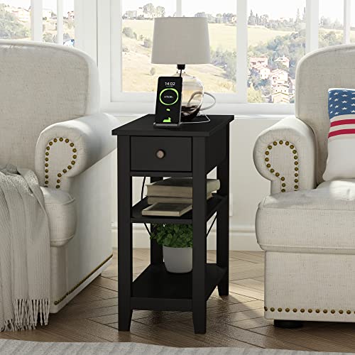 Black End Table Set of 2, Sofa Side Table Living Room with Charging Station,Narrow Night Stand with USB Ports & Power Outlets and Hidden Drawer