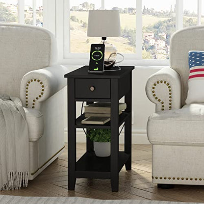 Black End Table Set of 2, Sofa Side Table Living Room with Charging Station,Narrow Night Stand with USB Ports & Power Outlets and Hidden Drawer