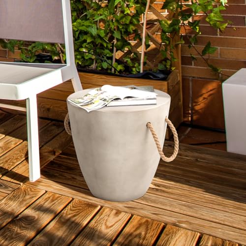 Outdoor Side Table Concrete Side Table, 17" H Small Outdoor Side Table End Table for Patio w Hemp Rope, Ceramic Round Coffee Table Accent Table Garden Outdoor Plant Stands