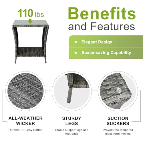 Rattan Outdoor Side Table with Glass Top & Storage Shelf | Small end coffee table, versatile outdoor furniture for patio, porch, backyard and balcony