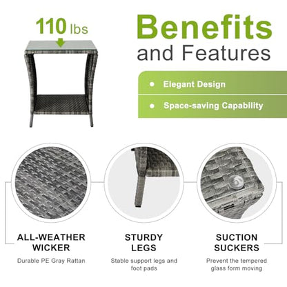 Rattan Outdoor Side Table with Glass Top & Storage Shelf | Small end coffee table, versatile outdoor furniture for patio, porch, backyard and balcony