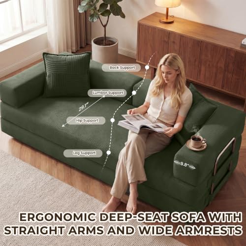 78" 5-in-1 Convertible Futon Sofa Bed, Boneless Corduroy, Green, view 7