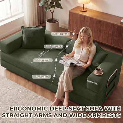 78" 5-in-1 Convertible Futon Sofa Bed, Boneless Corduroy, Green, view 7
