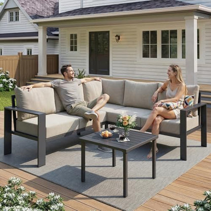 6 Piece Patio Furniture Set, Metal Outdoor Sectional Sofa with 6" Thick Olefin Cushions, Wide Armrest & Coffee Table, L Shaped Outdoor Furniture for Garden, Backyard Beige