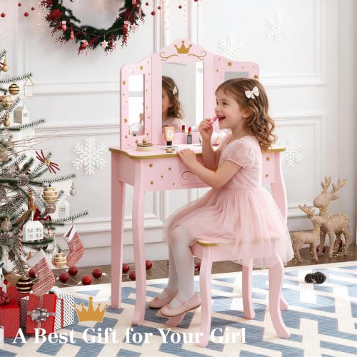 Pink Crown Princess Kids Vanity Set with Drawer for Little Girls, view 7