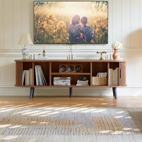 Mid Century Modern TV Stand for TVs up to 60 Inch, Entertainment Center with Fluted Sliding Doors and Hidden Storage, TV Console with Adjustable Shelf for Living Room, Bedroom, Walnut
