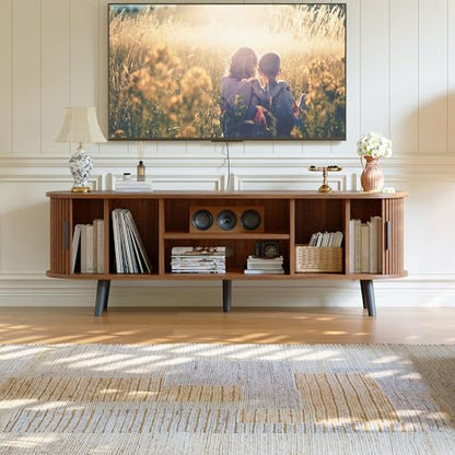 Mid Century Modern TV Stand for TVs up to 60 Inch, Entertainment Center with Fluted Sliding Doors and Hidden Storage, TV Console with Adjustable Shelf for Living Room, Bedroom, Walnut