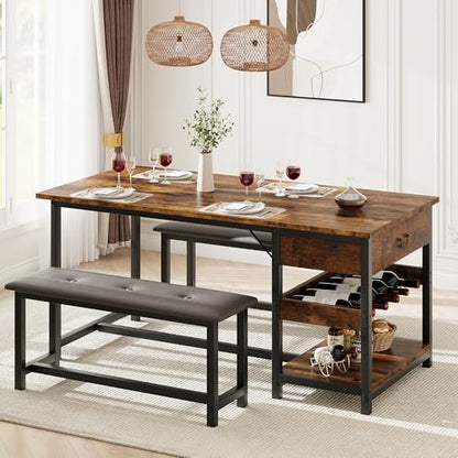 Dining Table Set for 4 with Storage Drawers & Wine Rack, Kitchen Table and Upholstered Benches for Small Spaces, Retro Brown