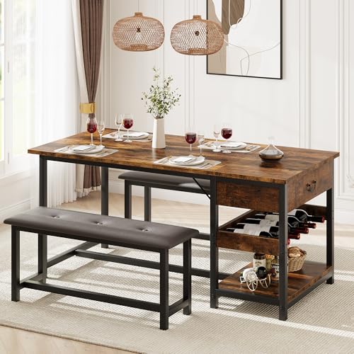 Dining Table Set for 4 with Storage Drawers & Wine Rack, Kitchen Table and Upholstered Benches for Small Spaces, Retro Brown