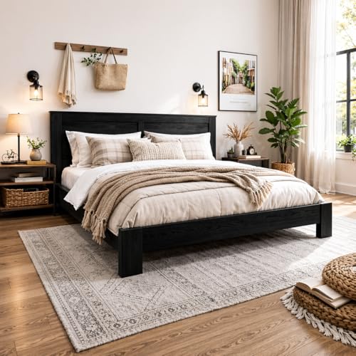Wooden Bed Frame Queen Size with Headboard, Farmhouse Platform Bed, view 4