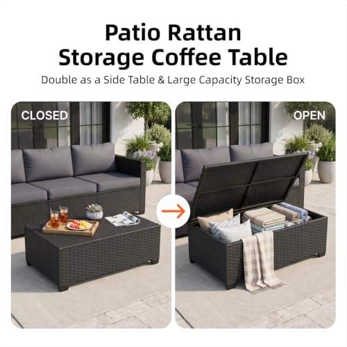 7-Piece Outdoor Patio Furniture Set, Rattan Outdoor Sectional with Thick Waterproof Cushions, Wicker Ottomans & Waterproof Cover, Patio Conversation Set for Garden, Backyard,Grey