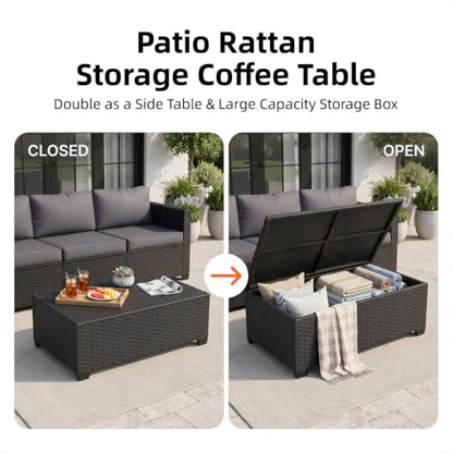 7-Piece Outdoor Patio Furniture Set, Rattan Outdoor Sectional with Thick Waterproof Cushions, Wicker Ottomans & Waterproof Cover, Patio Conversation Set for Garden, Backyard,Grey