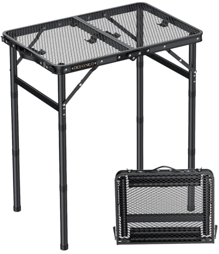 Folding Camping Table, 22" x 15" Picnic Table with 3 Adjustable Height Max 27.5", Matte Black Aluminum Folding Table with Handle for Party, Dining, Garden, Patio, Market (2-Fold Mesh Tabletop)