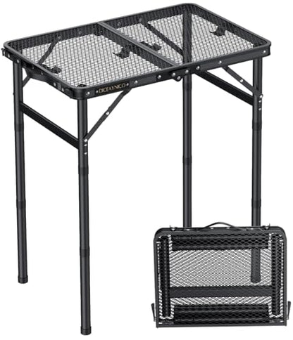Folding Camping Table, 22" x 15" Picnic Table with 3 Adjustable Height Max 27.5", Matte Black Aluminum Folding Table with Handle for Party, Dining, Garden, Patio, Market (2-Fold Mesh Tabletop)