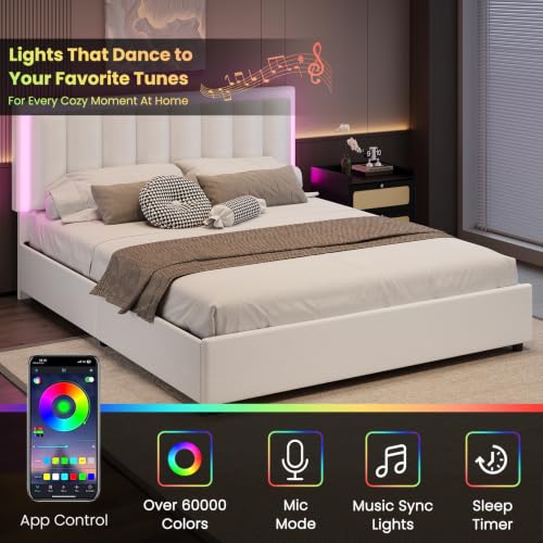 White faux leather platform bed with storage drawers and LED lights, view 5