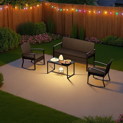 4 Piece Patio Furniture Set, Outdoor Wicker Patio Furniture with Glass Coffee Table, Modern Rattan Rocking Chairs Conversation Set, for Porch, Garden, Lawn (Black)