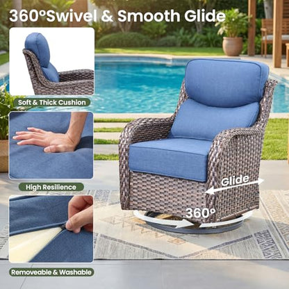 Luxury Patio Furniture Set with 6-inch Thick Cushion, Outdoor Furniture with Fire Pit Table, Swivel Chairs, Sofa, 4pcs Wicker Conversation Set for Deck Yard and Poolside(Brown Wicker | Blue Cushion)