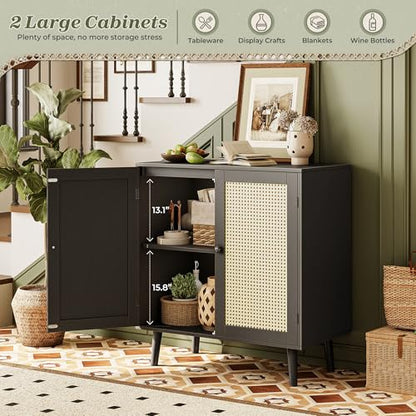 Buffet Cabinet with Storage, Storage Cabinet with Synthetic Rattan Decor Doors, Solid Wood Feet, for Hallway, Entry, Living Room, Black
