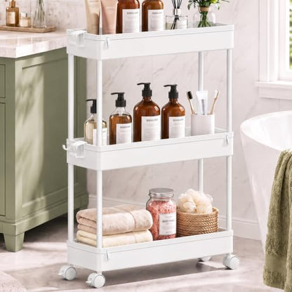 Slim Rolling Storage Cart, 3 Tier Bathroom Cart Organizer,White, view 2