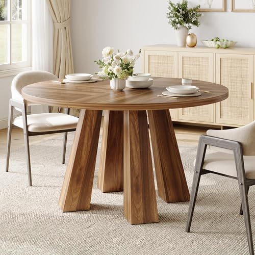 47" Round Dining Table for 4-6, Wood Kitchen Table with Sturdy Base, Farmhouse Circle Dinner Table for Dining Room, Living Room, 4 Strong Legs, Walnut